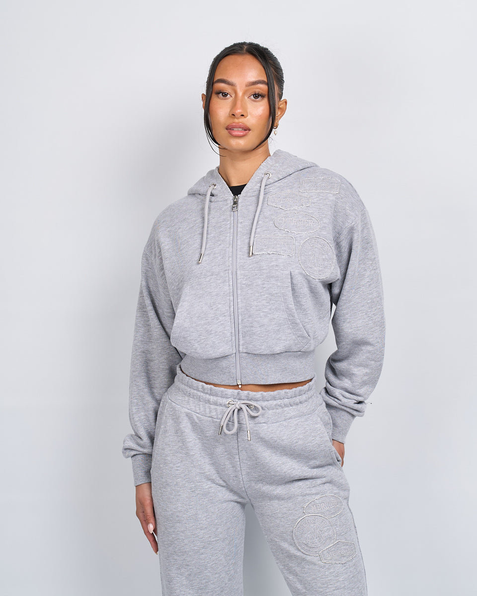 Womens Grey Marl Mercier OG Badge Raw Cropped Hoodie – MERCIER