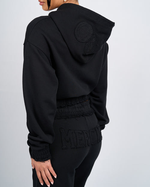 Mujeres Negro apenado Cropped Hoodie