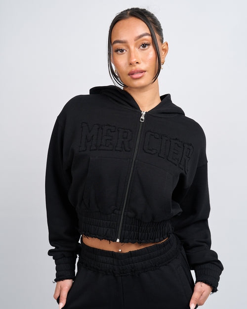 Mujeres Negro apenado Cropped Hoodie